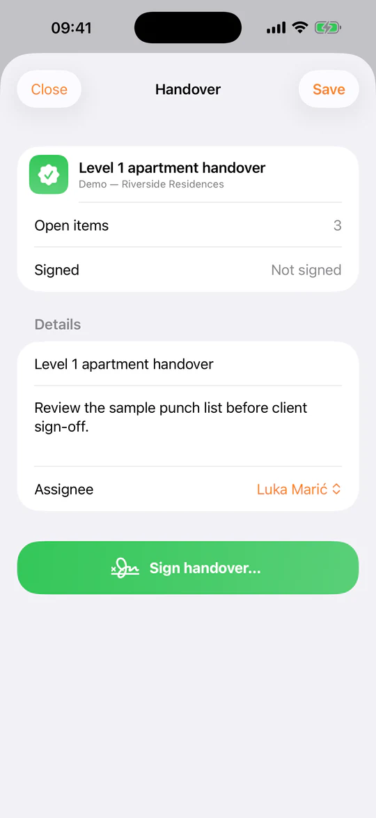 The TerenIQ iPhone app Handover screen with open items and sign-off status