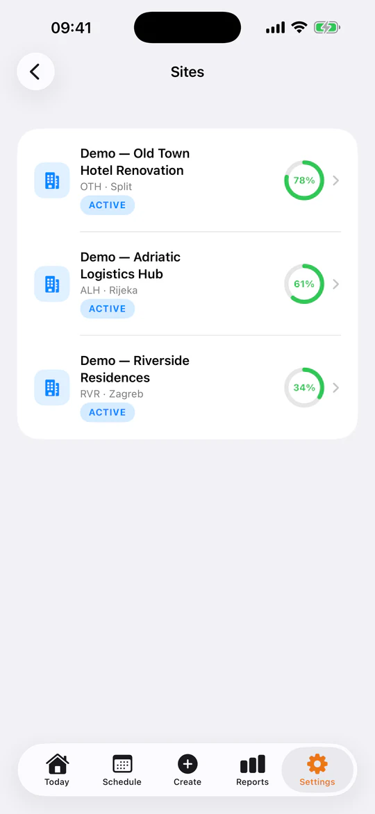 The TerenIQ iPhone app Sites screen with three active construction sites