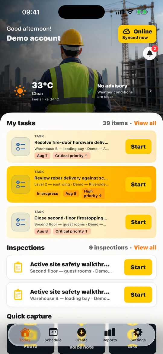 The TerenIQ iPhone Today screen with current priorities, weather and inspections