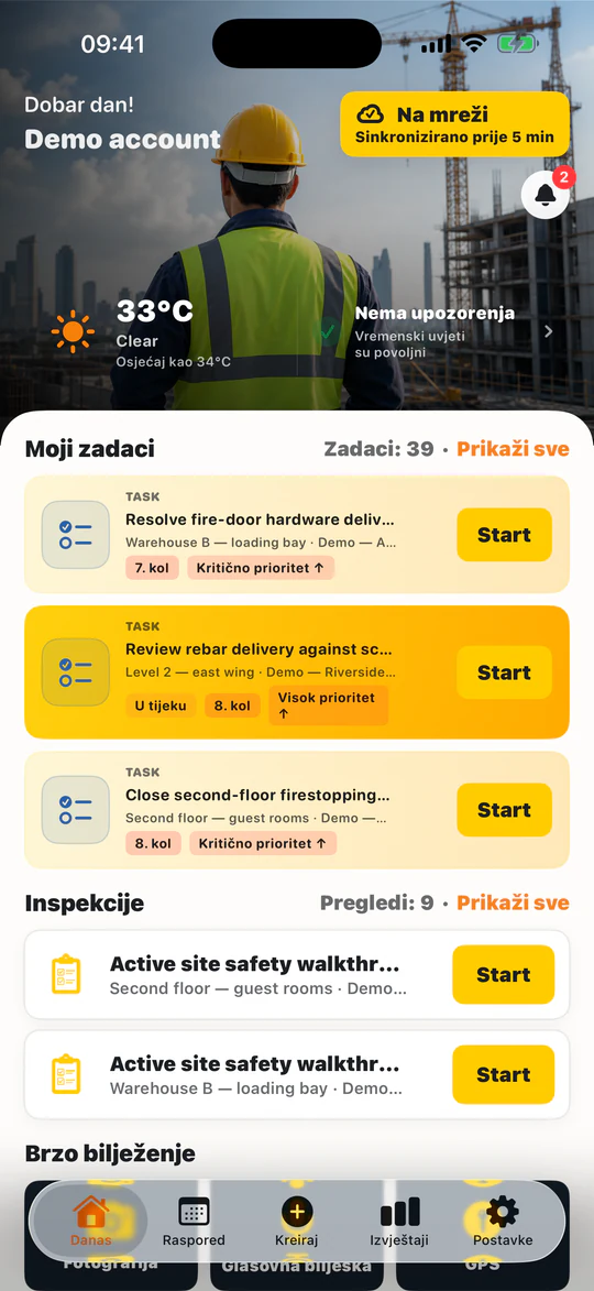 Današnji prikaz u iPhone aplikaciji TerenIQ s prioritetima, vremenom i pregledima