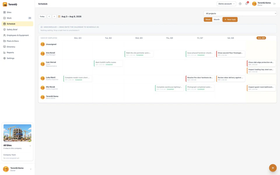 The Schedule page of the TerenIQ web app: a week of tasks laid out per person