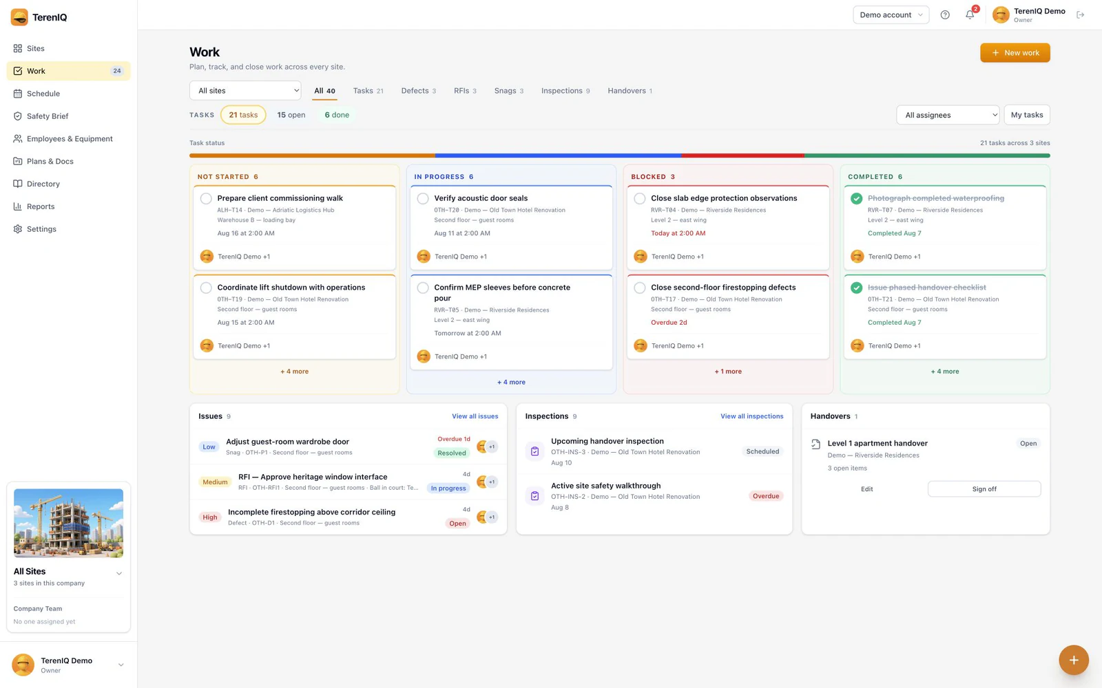 Construction tasks organized in the TerenIQ web work queue