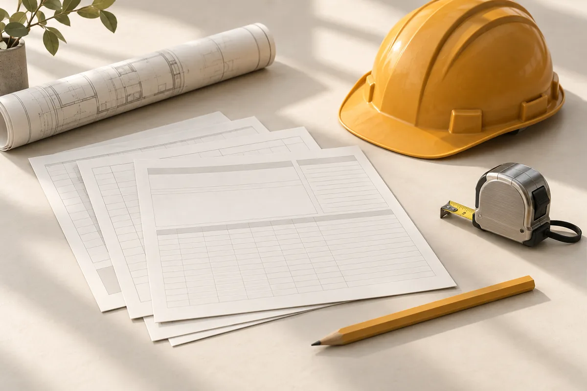 Illustration of site forms, drawings and a hard hat