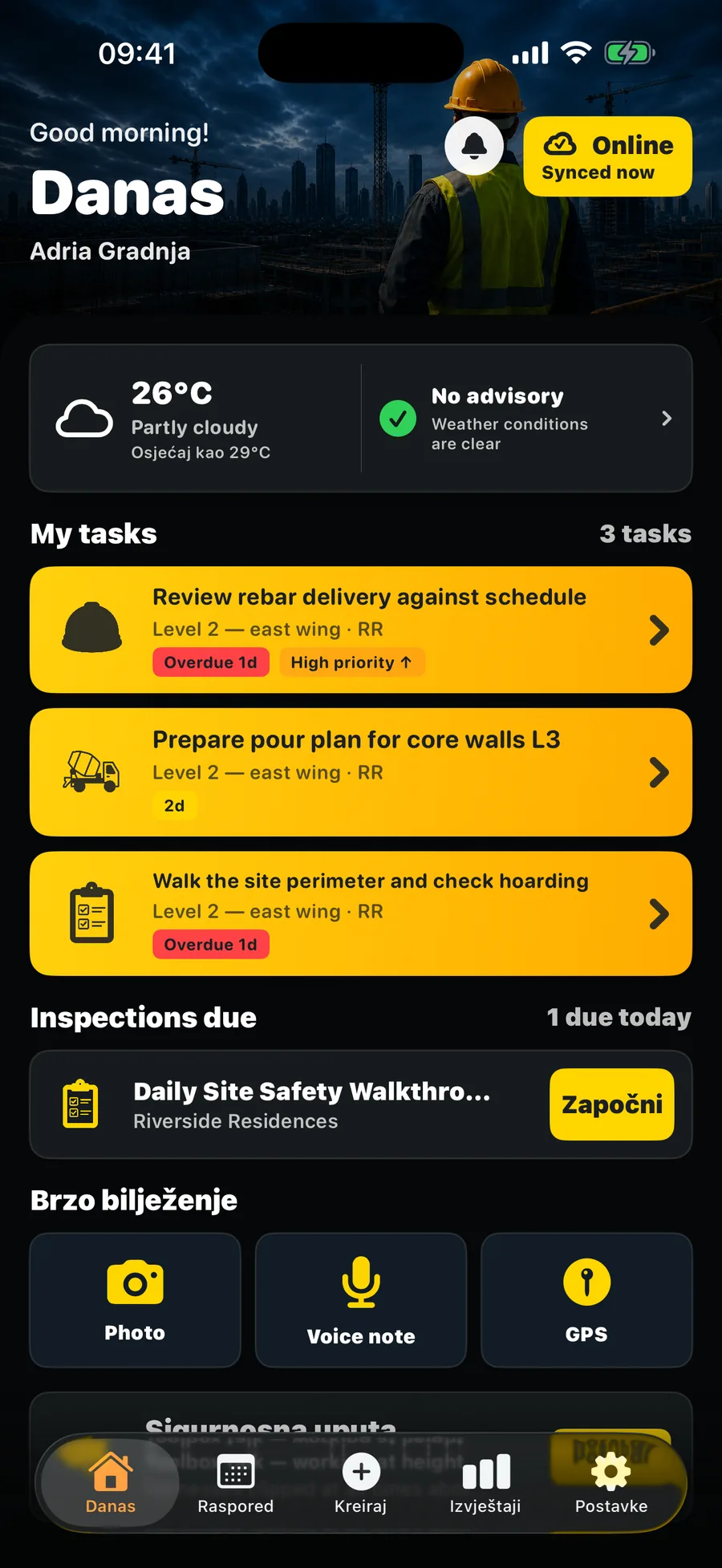 TerenIQ iPhone zaslon Danas s vremenskim uvjetima, zadacima i današnjim brifingom