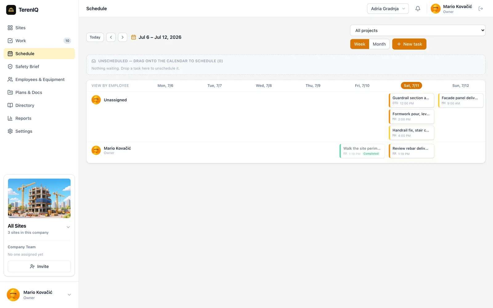 The Schedule page of the TerenIQ web app: a week of tasks laid out per person