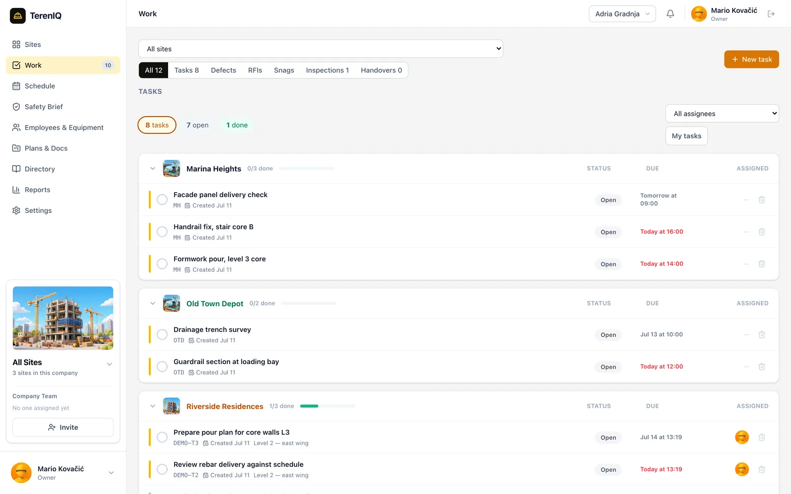 Defects tracked with status and due dates in the TerenIQ work queue